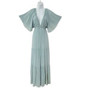 HYFVE Women Size L  Sage GREEN Gauze TIERED Ruffle Hem Maxi Dress Cottage Boho